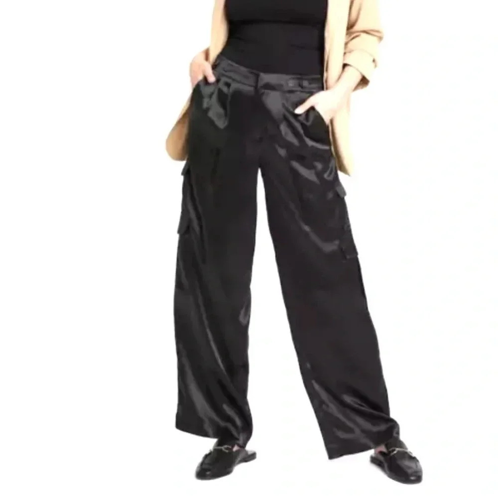 A New Day Womens Straight High Rise Satin Cargo Pant Pleated Size 6 Shimmer NWOT